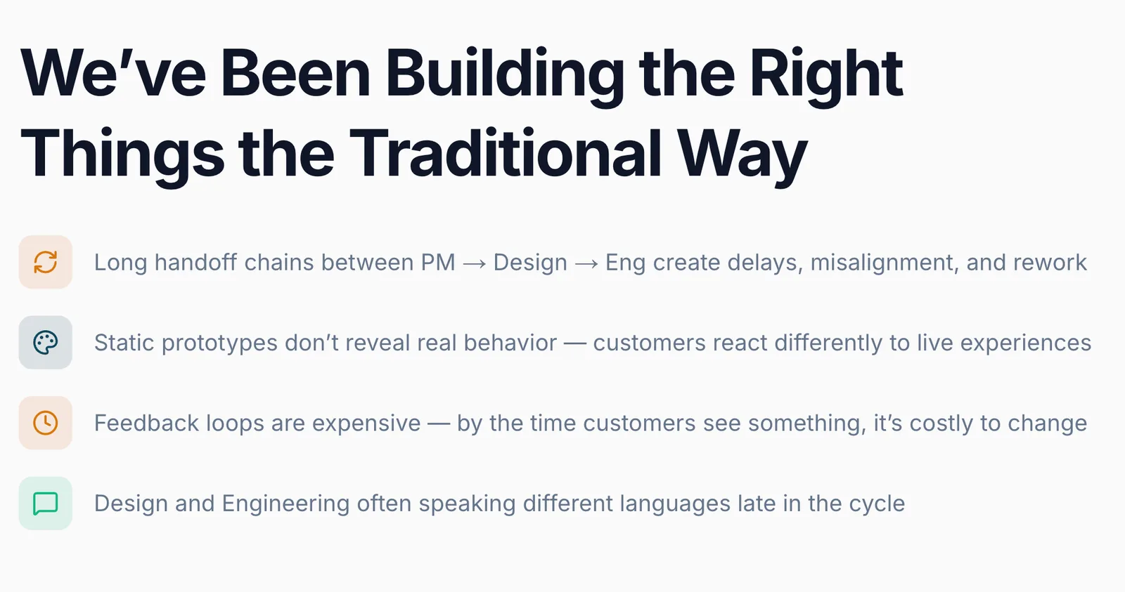 Slide titled 'We've Been Building the Right Things the Traditional Way' listing four pain points of the legacy loop: long handoff chains between PM, Design, and Eng; static prototypes that don't reveal real behavior; expensive feedback loops; and design and engineering speaking different languages late in the cycle.