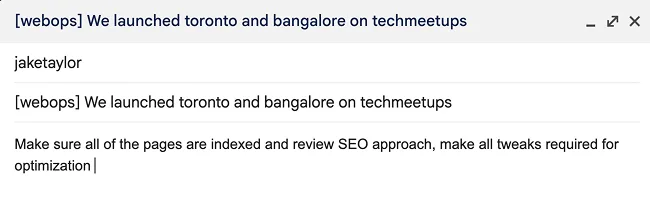 Compose window addressed to the Web Operations Manager — subject '[webops] We launched toronto and bangalore on techmeetups' with a note asking to confirm indexing and review the SEO approach.